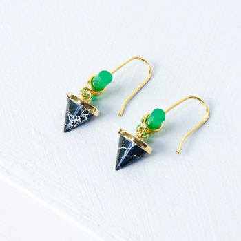 Green Glass And Black Marble Drop Earrings, 2 of 3