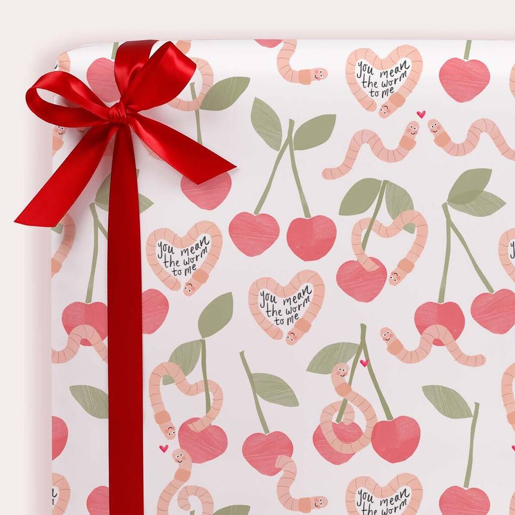 Three Sheets Of Cherry And Worm Wrapping Paper, 1 of 2