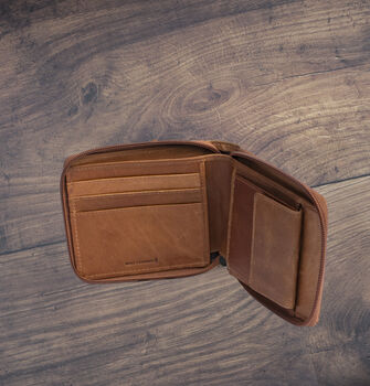 Men's Zip Around Cognac Leather Wallet Soft Leather Rfid Protected, 7 of 7