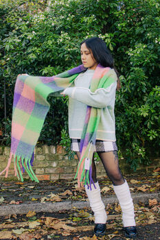 Purple Green Pink Plaid Warm Wrap Scarf, 7 of 7