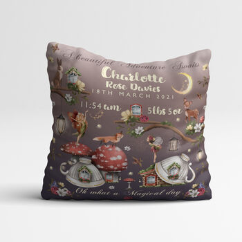 Personalised Magical Fairy Fun Keepsake Birth Cushion, 2 of 3