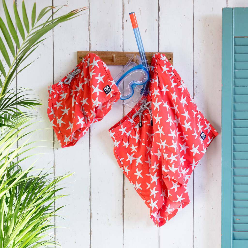 Image of Father And Son Matching Red Starfish Swim Shorts