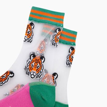 Tiger Faces Combed Cotton Sheer Pop Socks In Green, 2 of 4