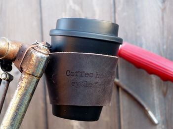 Personalised Reusable Coffee Cup Leather Bike Holder, 3 of 9