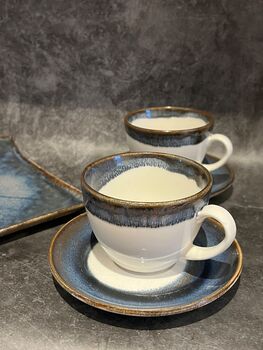 Porcelain Navy Drip Glaze Two Teacup And Serving Plate, 6 of 6