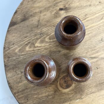 Set Of Three Small Brown Vintage Stoneware Ink Bottles, 4 of 5