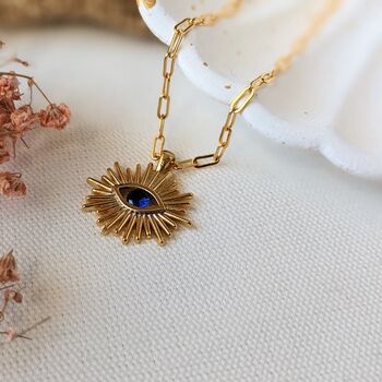 Blue Cz Evil Eye 24kt Gold Plated Art Deco Necklace, 2 of 6
