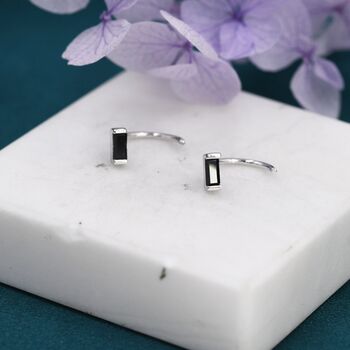 Sterling Silver Tiny Black Baguette Cut Cz Huggie Hoop Earrings, 3 of 10