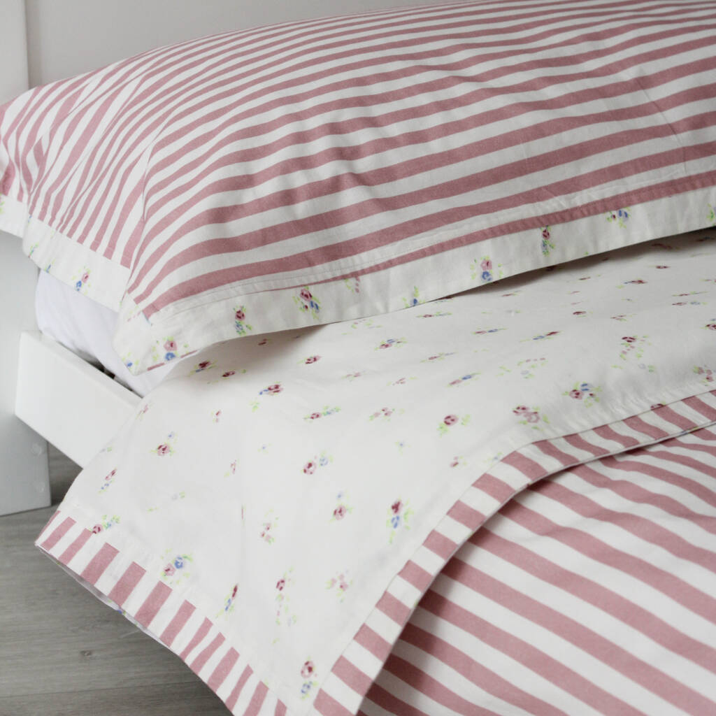 Floral Stripe Duvet Cover And Pillowcase Set Two Sizes By Lime Tree
