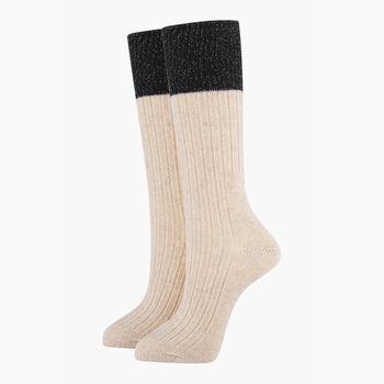 Wool Blend Boot Socks Mid Calf Colour Block Cream Black, 4 of 4
