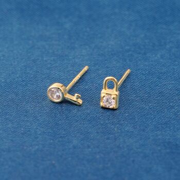 Small Padlock And Key Cz Stone Stud Earrings, Gold, 7 of 8