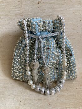Light Blue Handcrafted Mirror Potli Bag, 6 of 10
