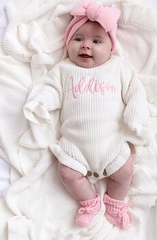Personalised Embroidered Ruffle Detail Knitted Baby Romper Three Colours Available, 7 of 12