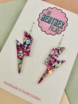 Teal, Purple And Black Glitter Lightning Bolt Earrings Small And Large / Galaxy Gift Celestial Statement Gift / Alt Style Gift, 3 of 8
