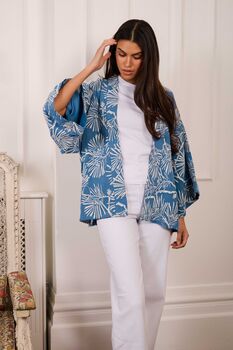 Ivory Embroidered Japanese Pine Needles Blue Short Fully Lined Kimono, 5 of 7