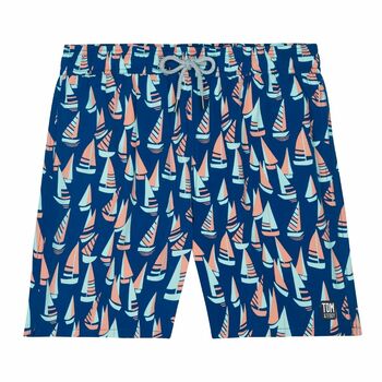 Father And Son Matching Blue And Coral Boat Swim Shorts, 3 of 8