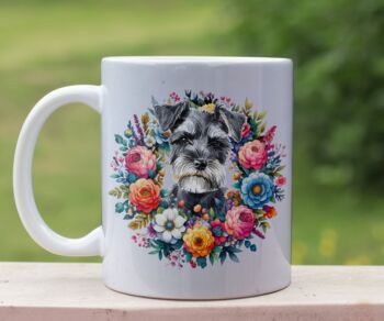 Personalised Miniature Schnauzer Summer Floral Dog Wreath Cushion And Mug Gift Bundle, 2 of 4