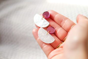 White And Mirror Pink Half Moon Earrings, 3 of 5