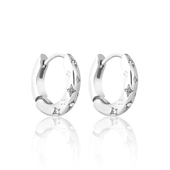 Cute Silver Glittering Cosmic Star Hoop Earrings Set Of Two, 5 of 5