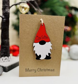 Personalised Gonk Christmas Card Wood Gnome Decoration, 4 of 7