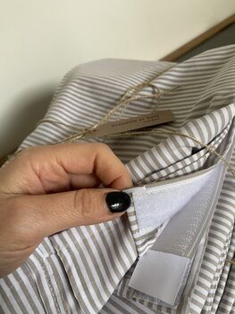 Hook And Loop Sink Skirt, Putty And Beige Bespoke Stripy Cabinet Curtain, 3 of 6
