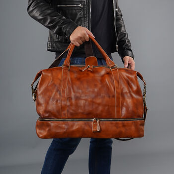 Leather Weekend Bag With Shirt Compartment, 9 of 11