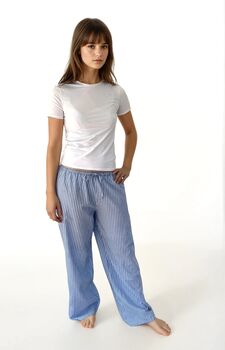 Santorini Organic Cotton Wide Leg Trousers – Blue Stripe With Embroidery, 4 of 5