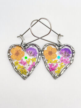 Heart Dangle Earrings With Pastel Flowers In Silver Or Gold, 8 of 11