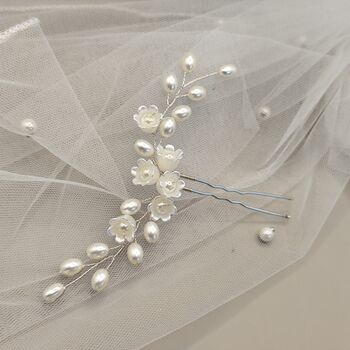 Pearl Flower Bridal Hair Pin With Gold Or Silver Wire, 10 of 13