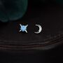 Mismatched Starburst And Moon Stud Earrings In Sterling Silver With Lab Opal, thumbnail 7 of 12