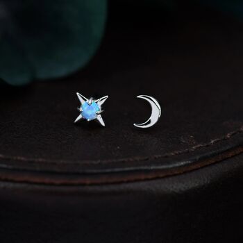 Mismatched Starburst And Moon Stud Earrings In Sterling Silver With Lab Opal, 7 of 12