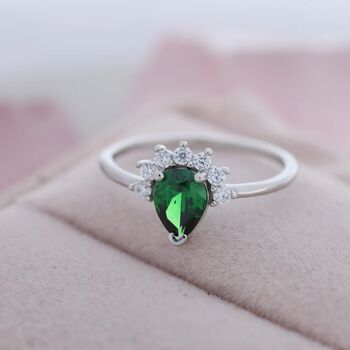 Genuine Pear Cut Emerald Green Cz Crown Ring, 6 of 11
