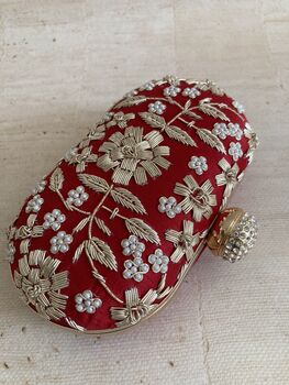 Red Raw Silk Oval Pearl Clutch Bag, 7 of 10
