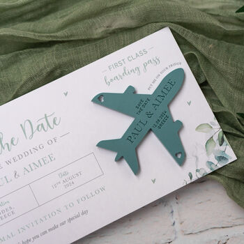 Eucalyptus Wedding Boarding Pass Save The Date With Acrylic Magnetic Plane, 4 of 5