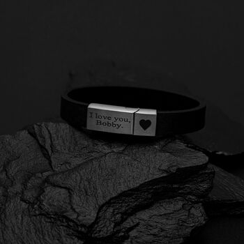 Black Minimalistic Leather Bracelet With Custom Engraving, 4 of 8
