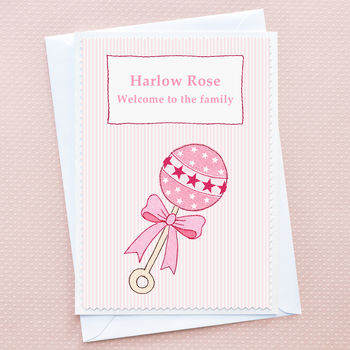 'Baby Girl Rattle' Personalised New Baby Card, 3 of 3