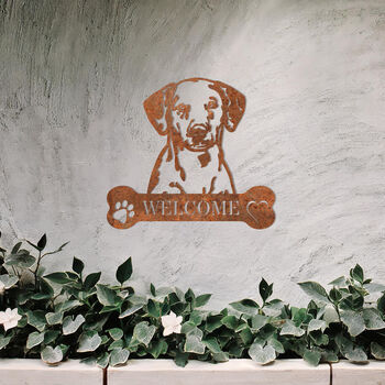 Customisable Dalmatian Welcome Metal Wall Art Sign For Home And Garden Decor, 7 of 11