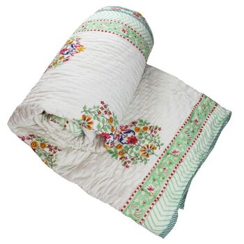 Colourful Floral Motif Indian Block Printed Cotton Bed Quilt, 5 of 9