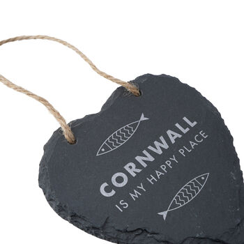 Cornwall Is My Happy Place Fish Design Cornish Gift Novelty Slate Hanging Heart Decoration, 4 of 4
