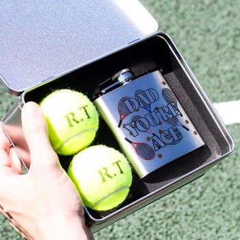 Personalised Your Ace Tennis Balls Tin And Hip Flask Gift For Dad, 5 of 7