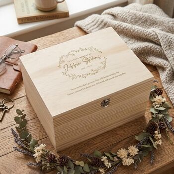 Personalised Wooden Engraved Wreath Keepsake Memory Box, 2 of 9