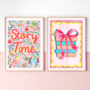 Pink And Lilac Books With Bow Nursery Print – Girls Room Wall Art, Children’s Library Illustration, 7 of 11