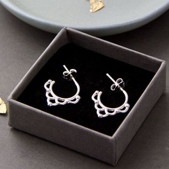 Sterling Silver Ornamental Hoop Stud Earrings, 2 of 10