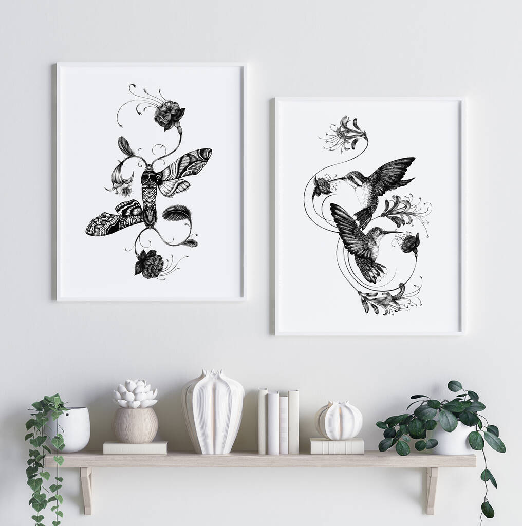 'Hummingbirds And Honeysuckle' Fine Art Print By EC Studio