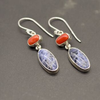 Red Coral, Blue Sapphire Earrings, 3 of 6