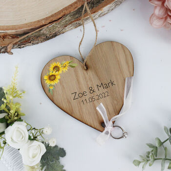Sunflower Wedding Ring Bearer Wooden Heart, 8 of 10