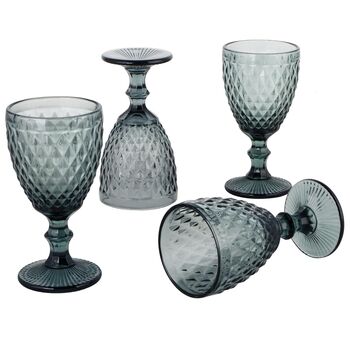 Set Of Four Smoked Grey Embossed Wine Goblets, 2 of 9