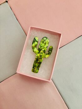 The 'Desert Sparkle' Cactus Glitter Brooch / Botanical Gift For Her /Green Succulent Brooch / Birthday Gift For Plant Lovers, 3 of 6