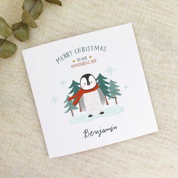 Personalised Green Scarf Penguin Christmas Card, 3 of 4