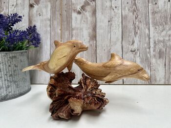 Hand Carved Wooden Dolphin Pair Sculpture Ornament, 4 of 12